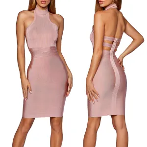 pink halter sexy bodycon bandage midi evening sleeveless dress
