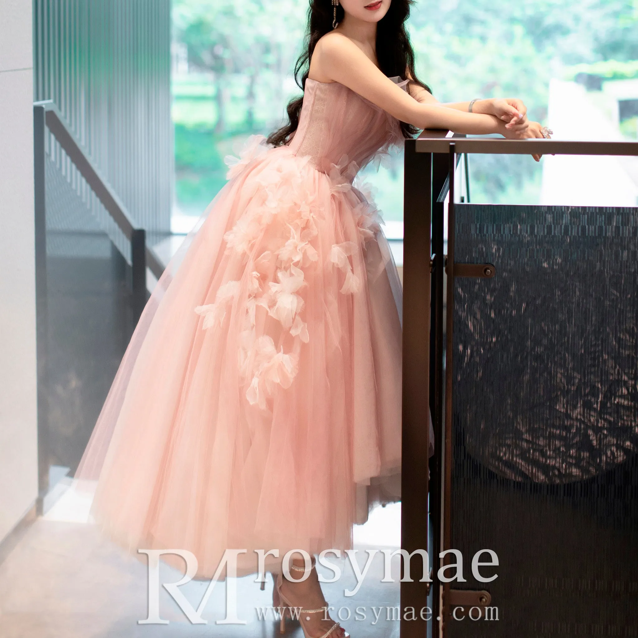 Pink Tiered Tulle High Low Prom Dress Long Formal Dress