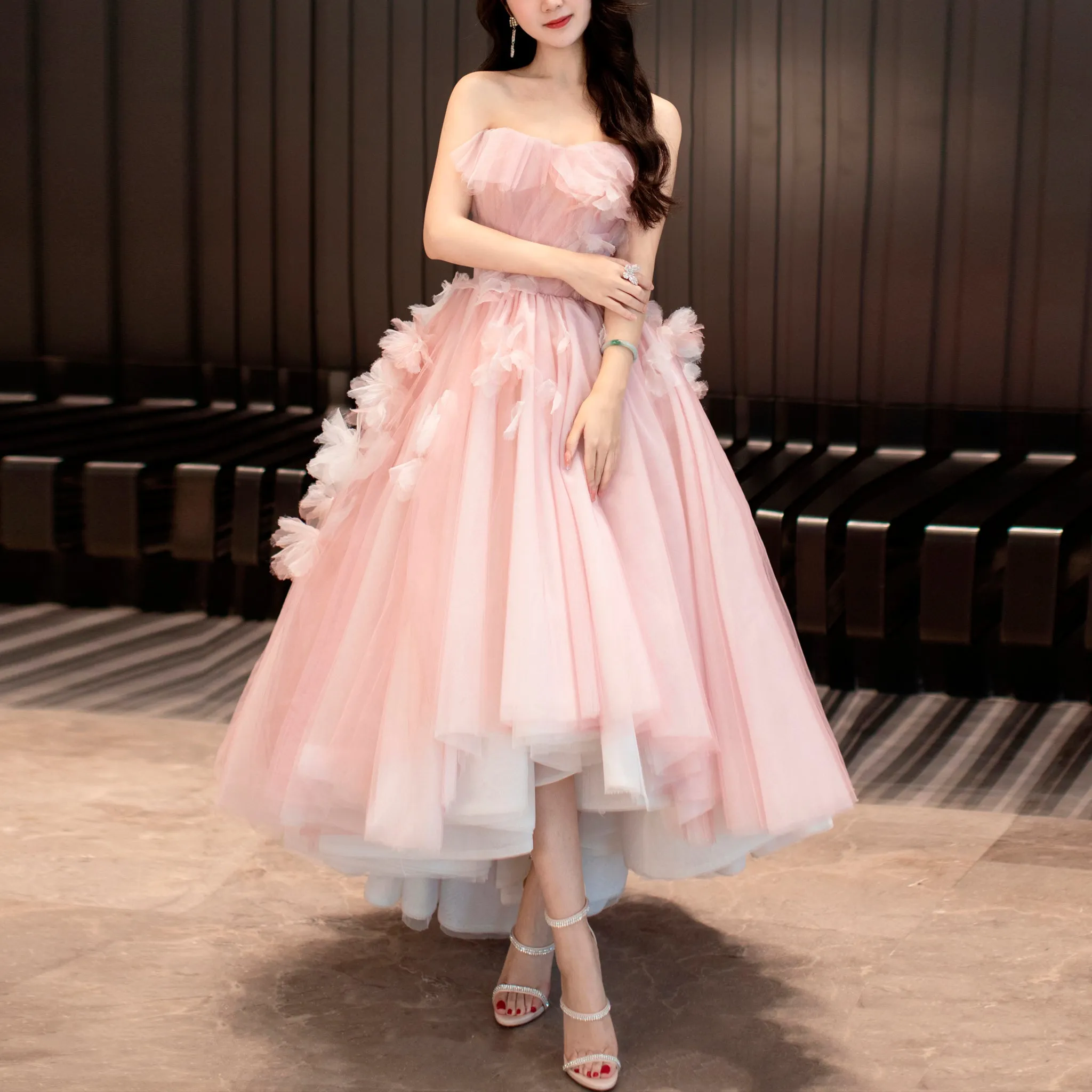 Pink Tiered Tulle High Low Prom Dress Long Formal Dress