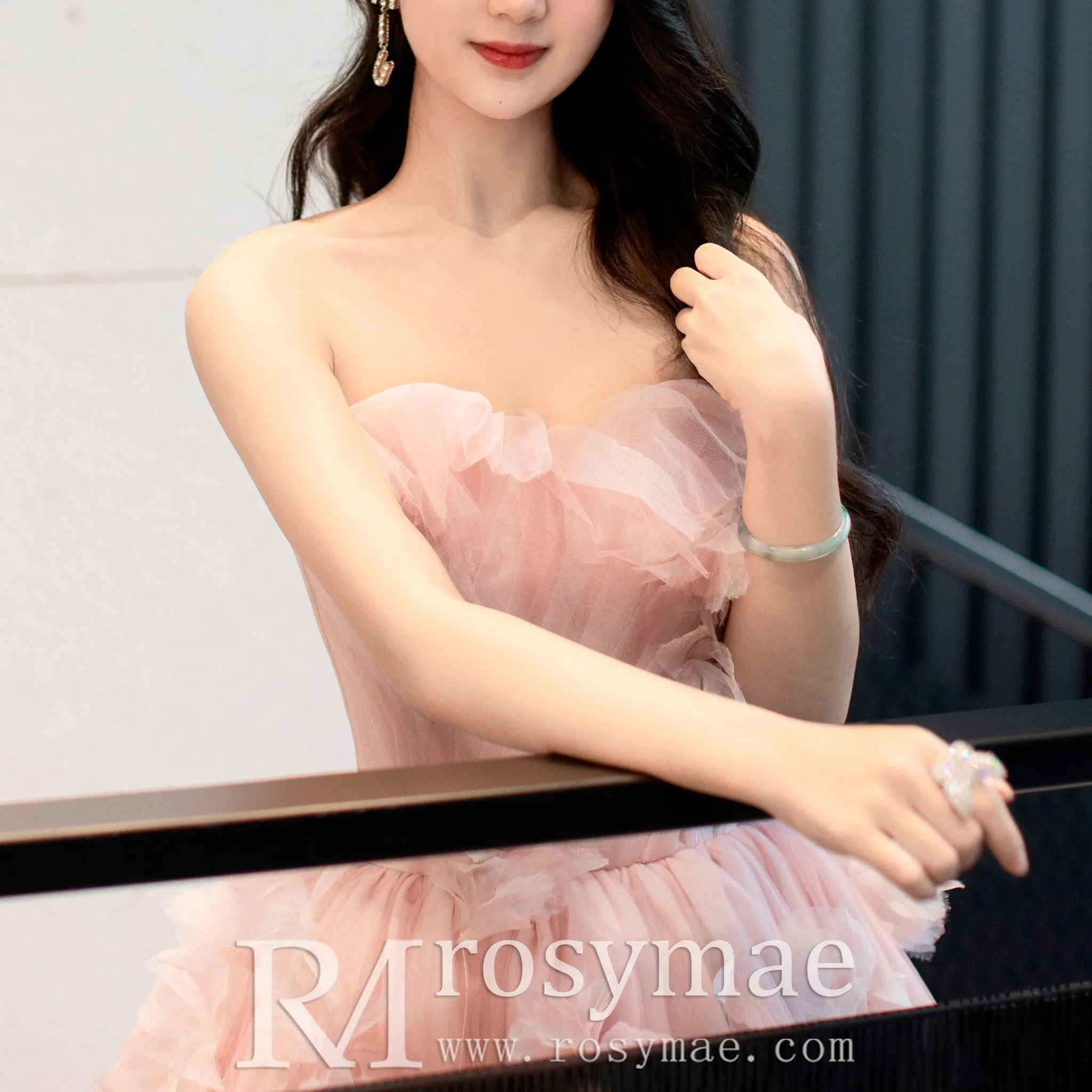 Pink Tiered Tulle High Low Prom Dress Long Formal Dress
