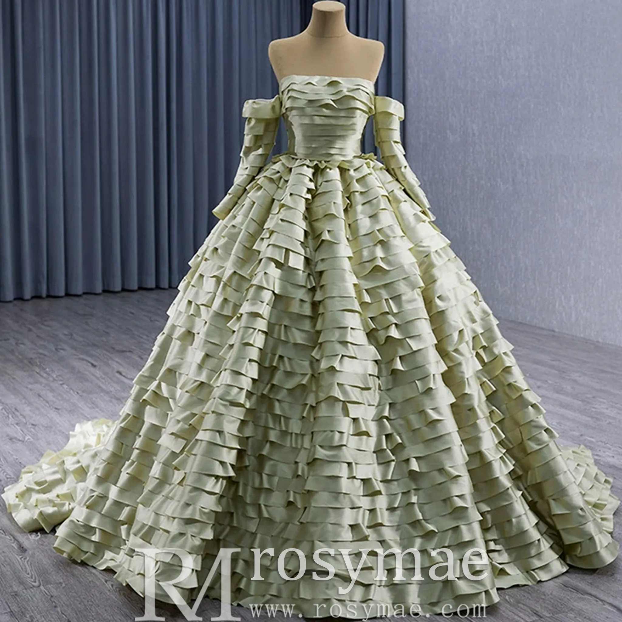 Pleated Olive Wedding Dress Detachable Long Sleeve Formal Gown