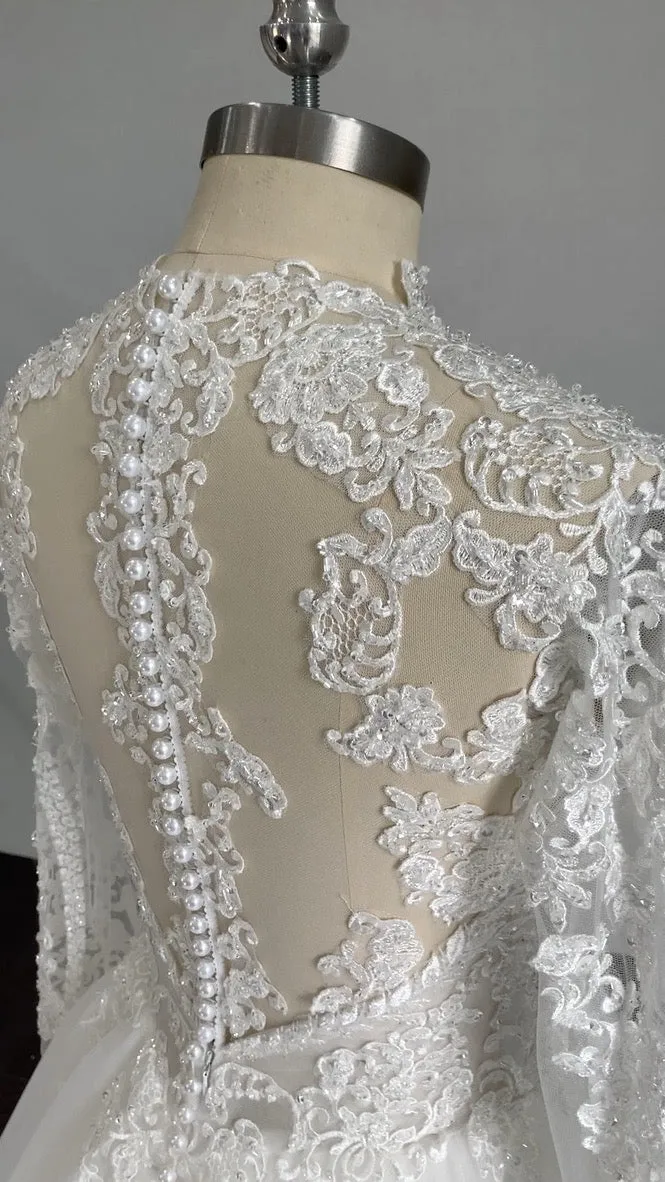 Plunging V-Neckline with Beaded Lace Full A-Line Wedding Dress | Eliza