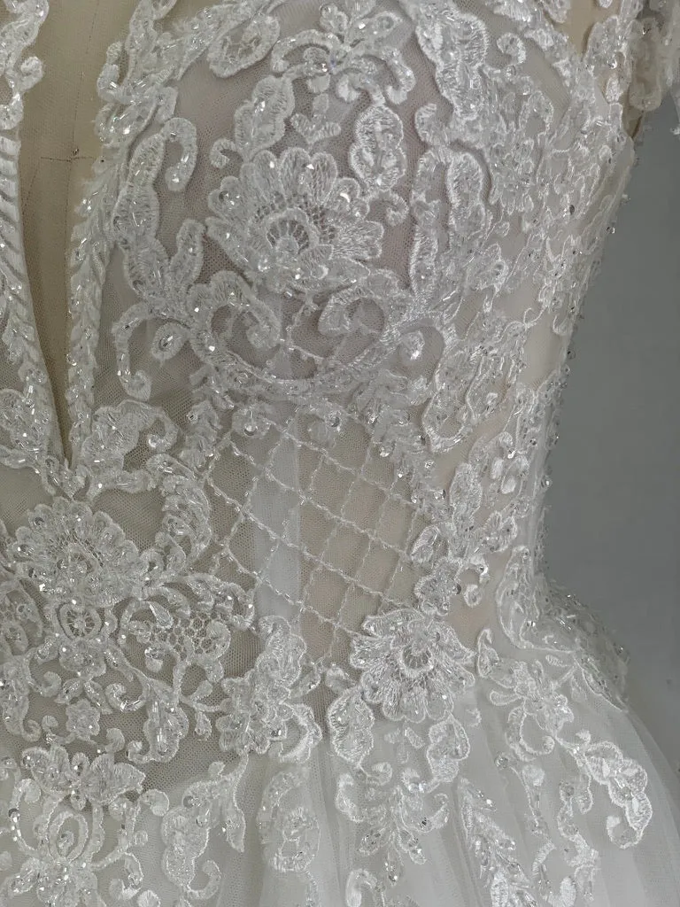 Plunging V-Neckline with Beaded Lace Full A-Line Wedding Dress | Eliza