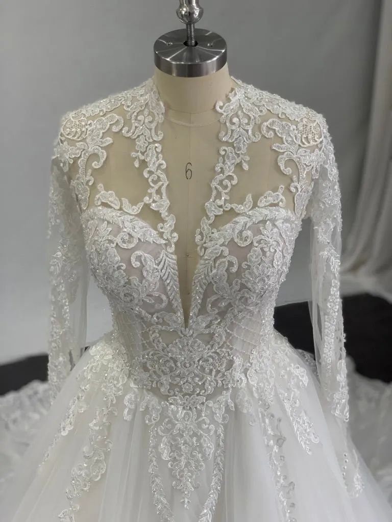 Plunging V-Neckline with Beaded Lace Full A-Line Wedding Dress | Eliza