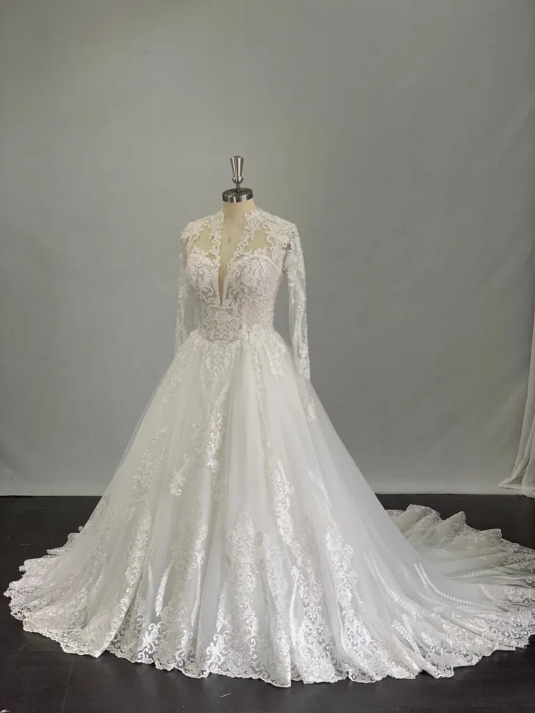 Plunging V-Neckline with Beaded Lace Full A-Line Wedding Dress | Eliza