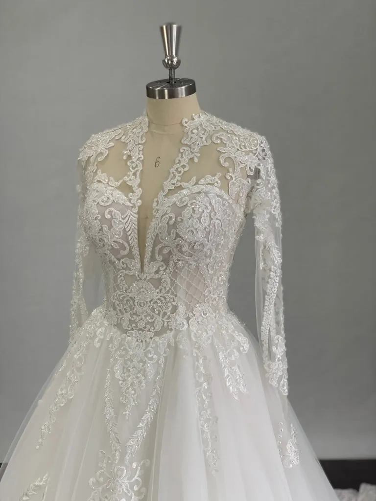 Plunging V-Neckline with Beaded Lace Full A-Line Wedding Dress | Eliza