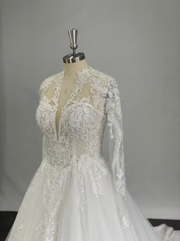 Plunging V-Neckline with Beaded Lace Full A-Line Wedding Dress | Eliza