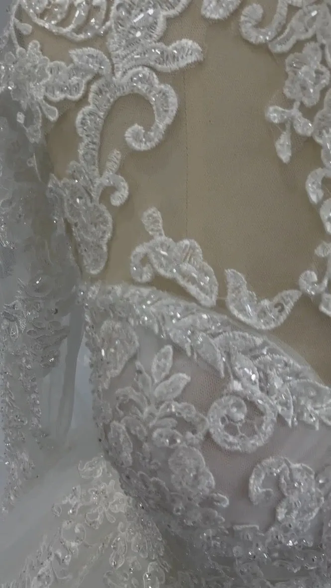 Plunging V-Neckline with Beaded Lace Full A-Line Wedding Dress | Eliza