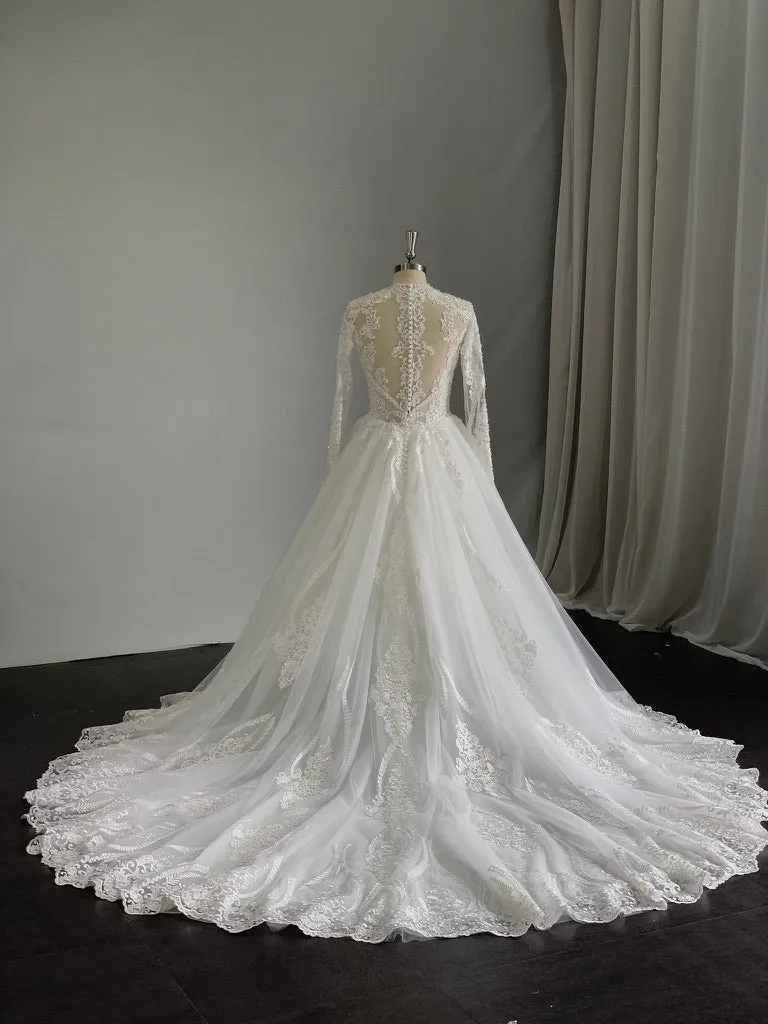 Plunging V-Neckline with Beaded Lace Full A-Line Wedding Dress | Eliza