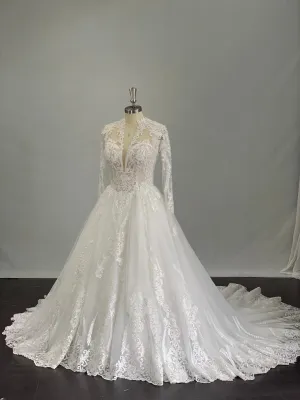 Plunging V-Neckline with Beaded Lace Full A-Line Wedding Dress | Eliza