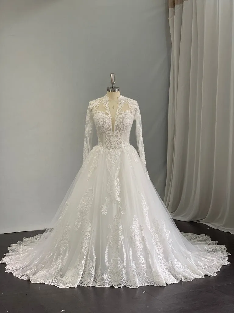 Plunging V-Neckline with Beaded Lace Full A-Line Wedding Dress | Eliza