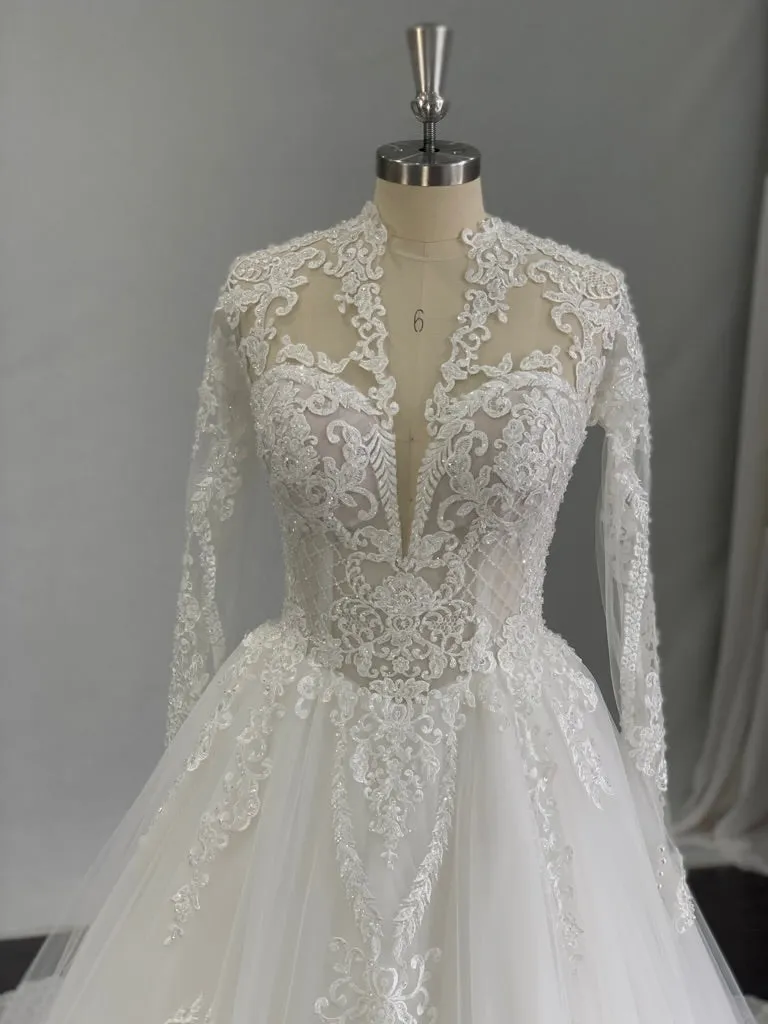 Plunging V-Neckline with Beaded Lace Full A-Line Wedding Dress | Eliza