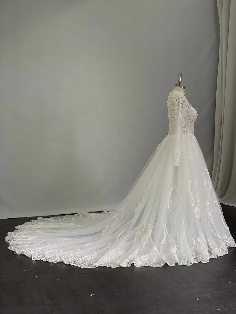 Plunging V-Neckline with Beaded Lace Full A-Line Wedding Dress | Eliza