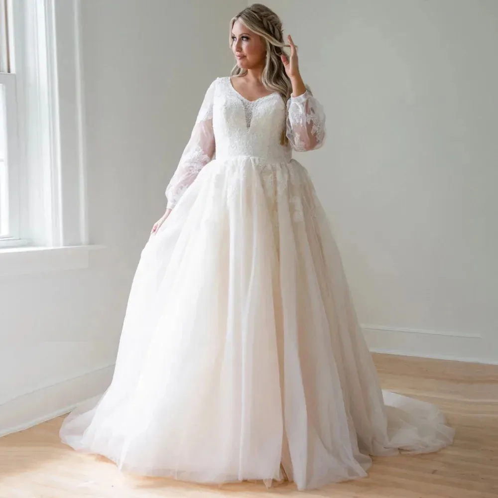 Plus Size Vestidos De Novia V Neck Long Sleeve Lace Wedding Dresses Customized Appliques Vestido De Noiva