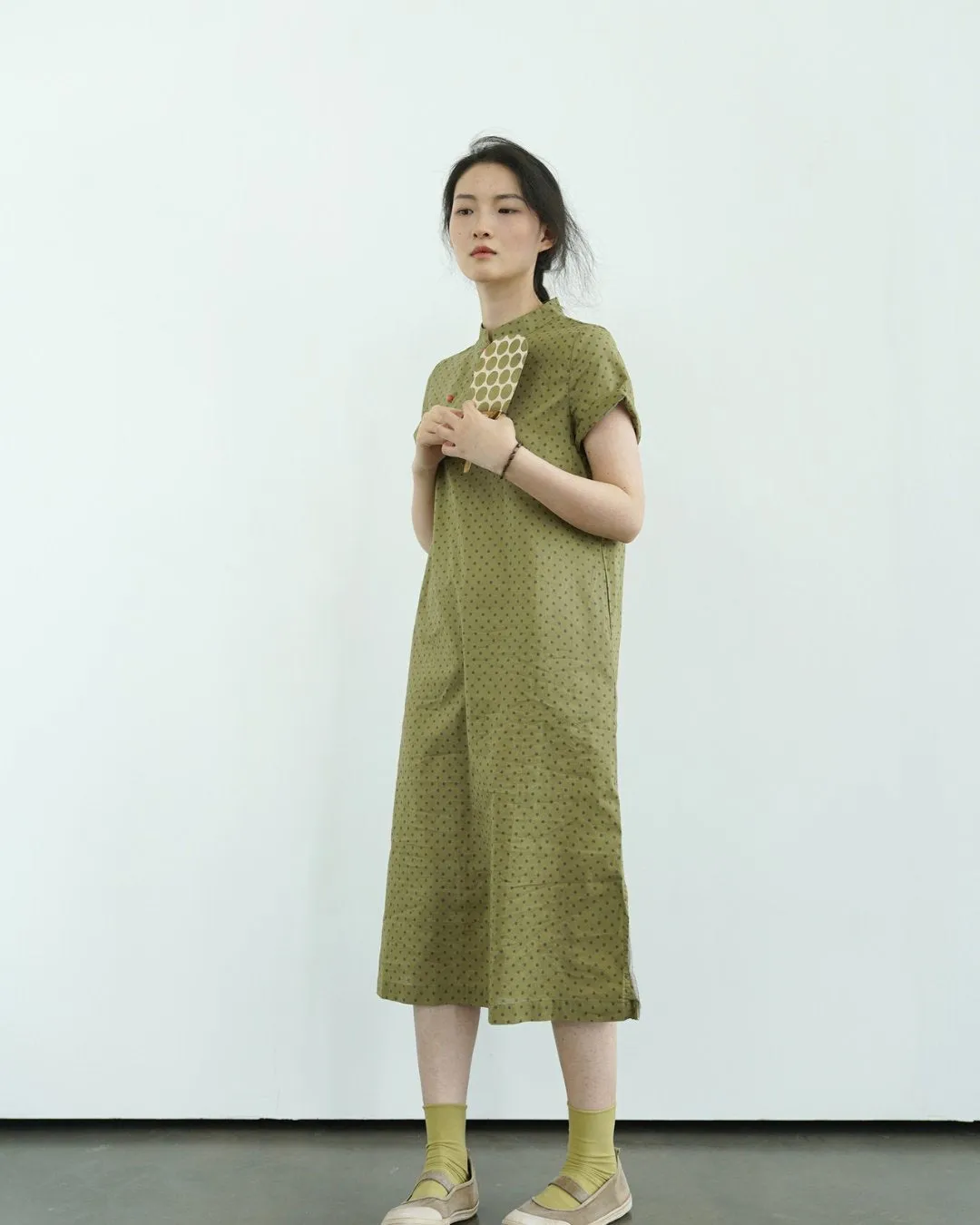 Polka Dot Cheongsam Qipao Midi Dress in Army Green