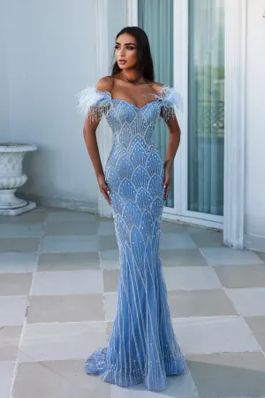 PORTIA & SCARLETT PS23994 Off-Shoulder Beaded Feather Fringe Dress