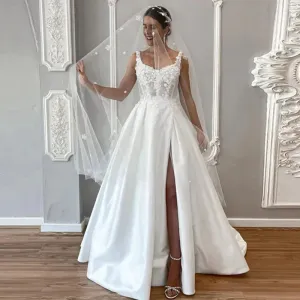 Pretty V Neck Floral Pearls A-line Wedding Dress Spaghetti Strap Flowers Satin Bridal Dresses Side Slit Backless Wedding Gowns