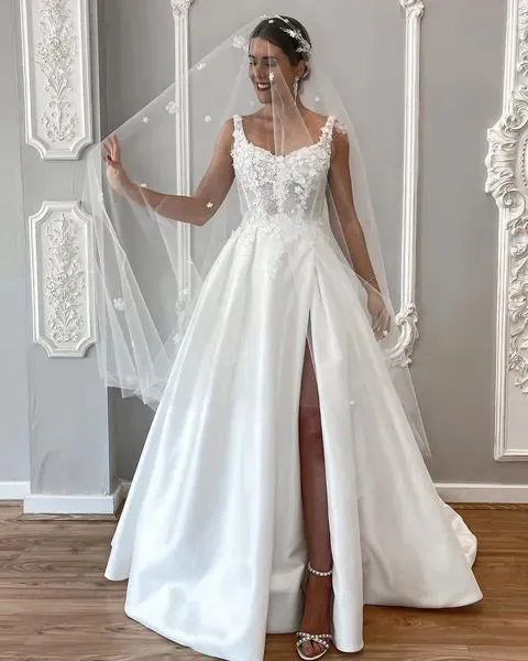 Pretty V Neck Floral Pearls A-line Wedding Dress Spaghetti Strap Flowers Satin Bridal Dresses Side Slit Backless Wedding Gowns