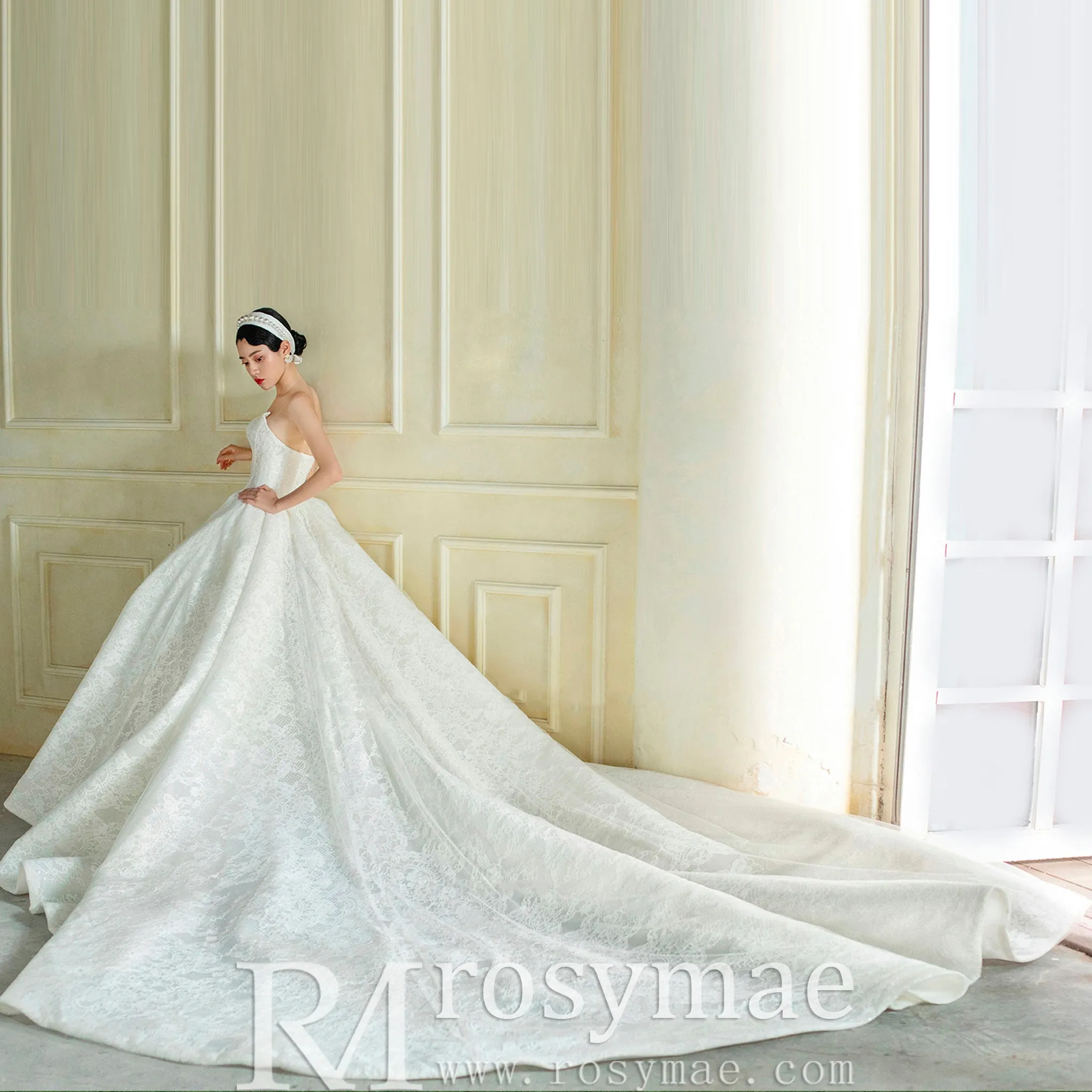 Puffy Skirt Ball Gown Lace Wedding Dress with V Neckline