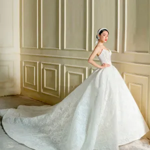 Puffy Skirt Ball Gown Lace Wedding Dress with V Neckline