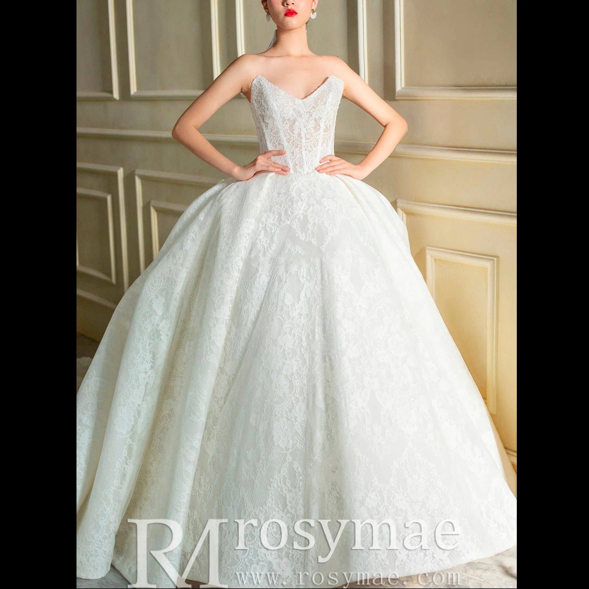 Puffy Skirt Ball Gown Lace Wedding Dress with V Neckline