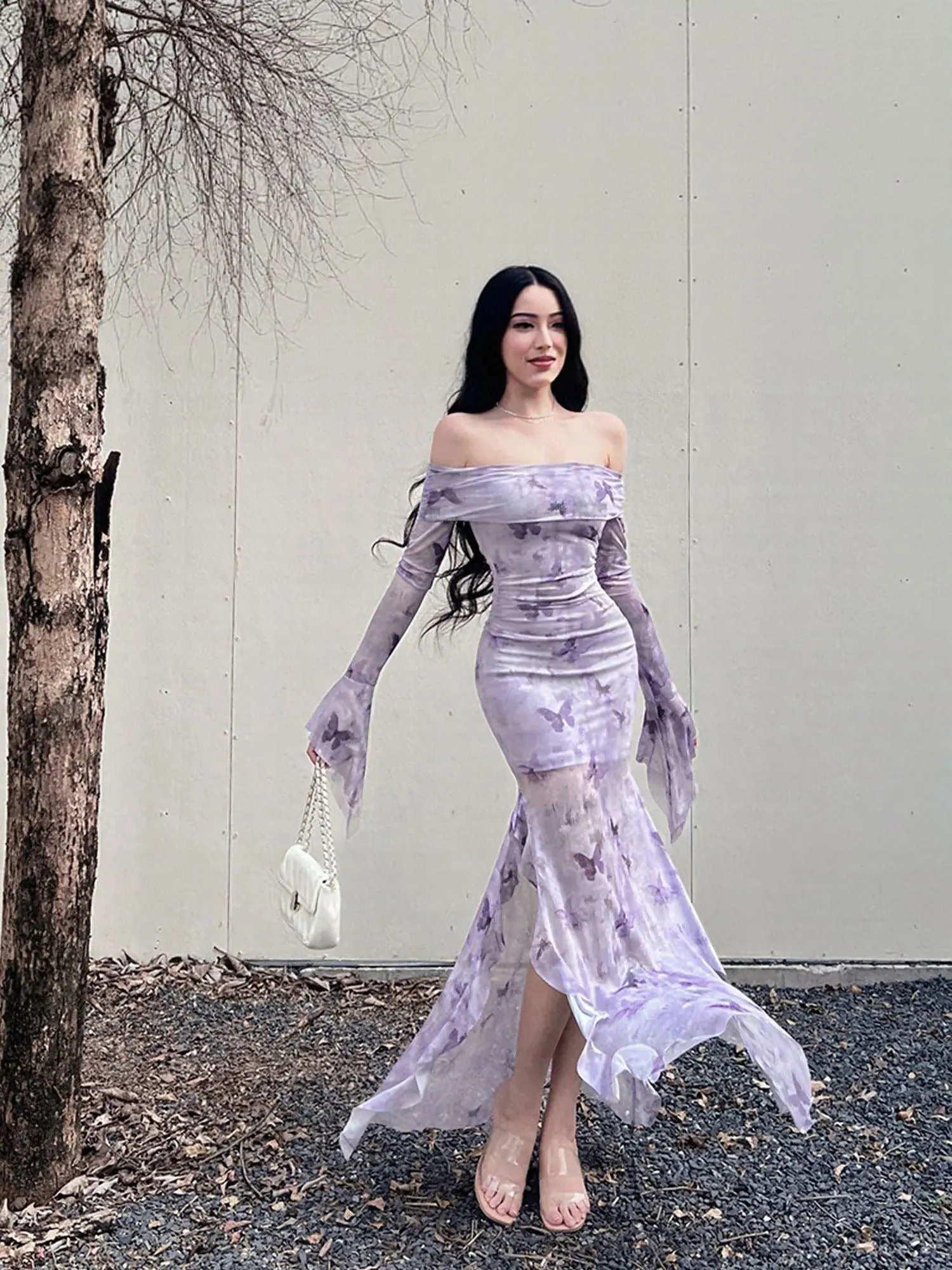 Purple Off Shoulder Printed Maxi