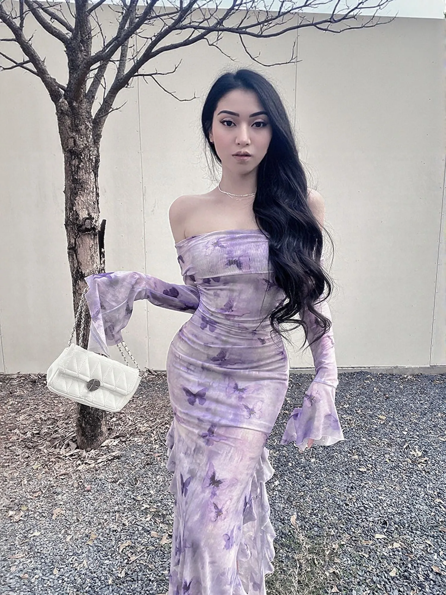 Purple Off Shoulder Printed Maxi