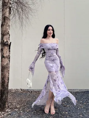 Purple Off Shoulder Printed Maxi