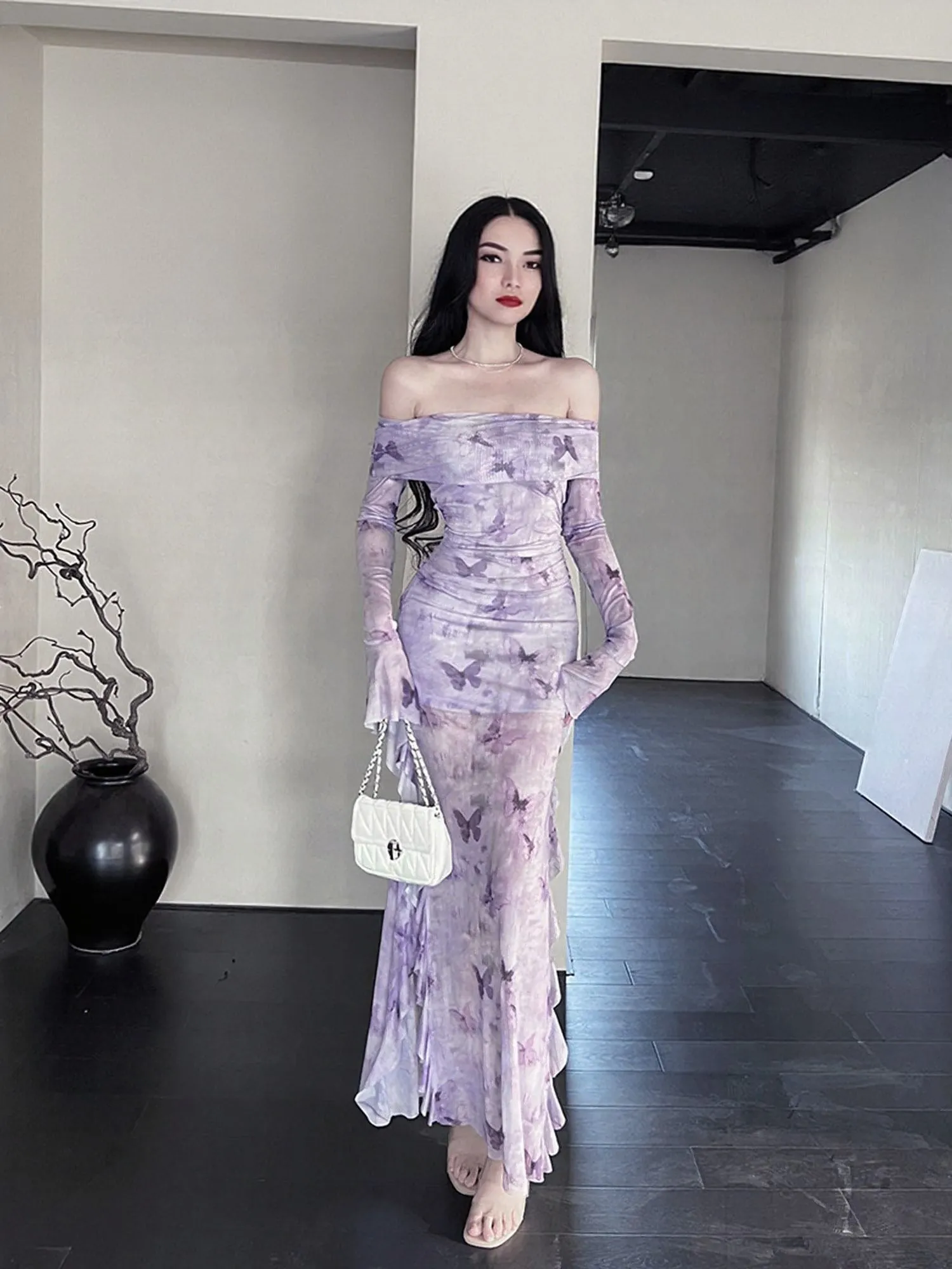 Purple Off Shoulder Printed Maxi