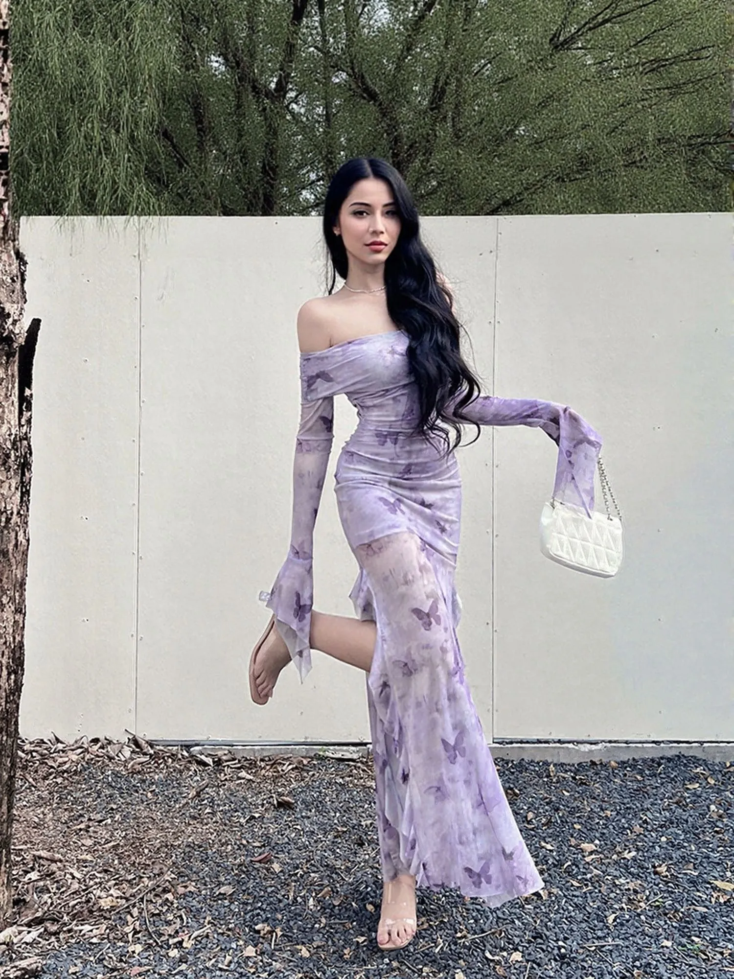 Purple Off Shoulder Printed Maxi