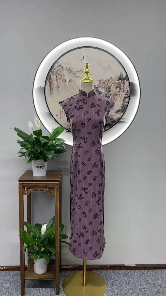 Purple Sleeveless New Chinese Style Improved Qipao Vintage Floral Elegant Slim