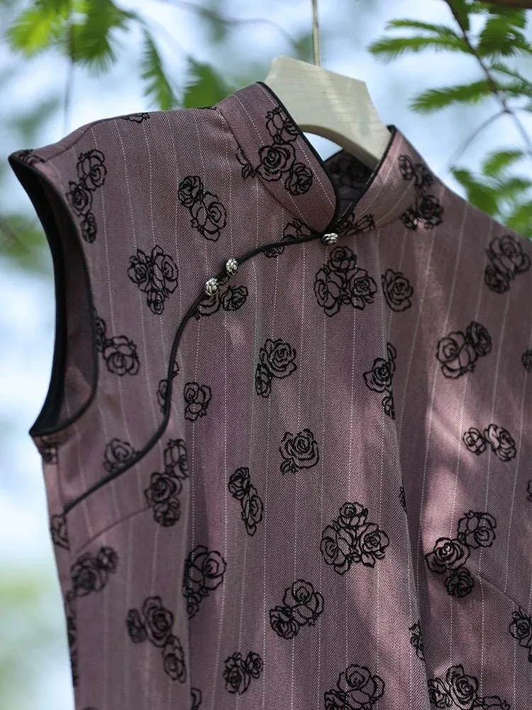 Purple Sleeveless New Chinese Style Improved Qipao Vintage Floral Elegant Slim