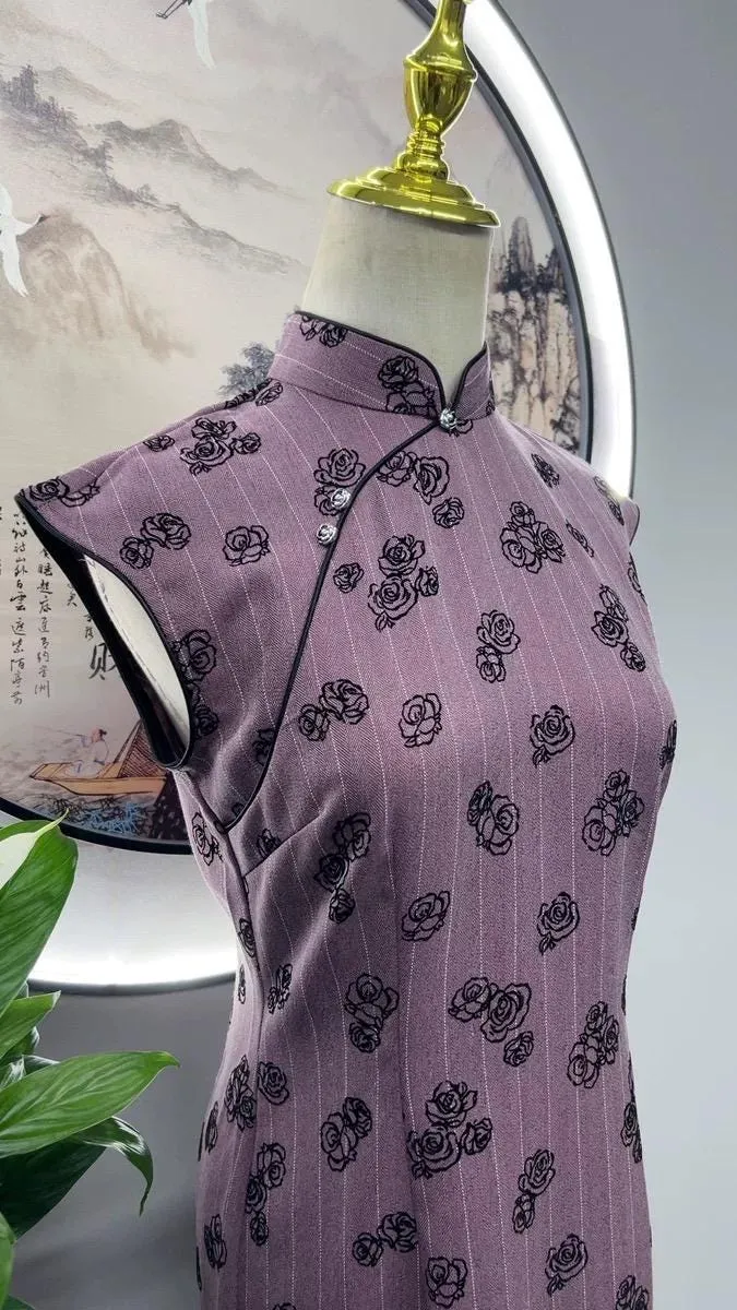 Purple Sleeveless New Chinese Style Improved Qipao Vintage Floral Elegant Slim