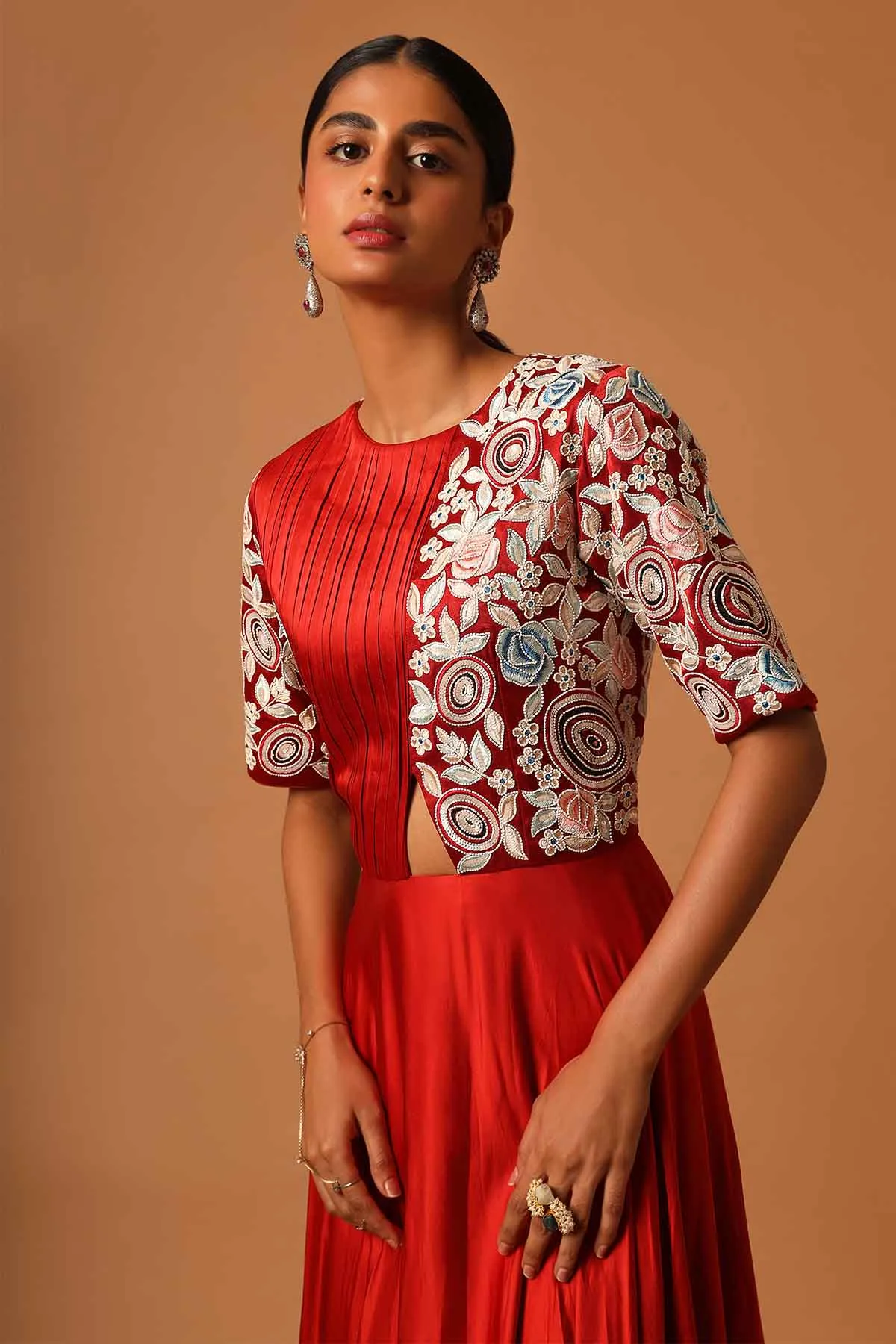 Red A-Line Patchwork Maxi Dress