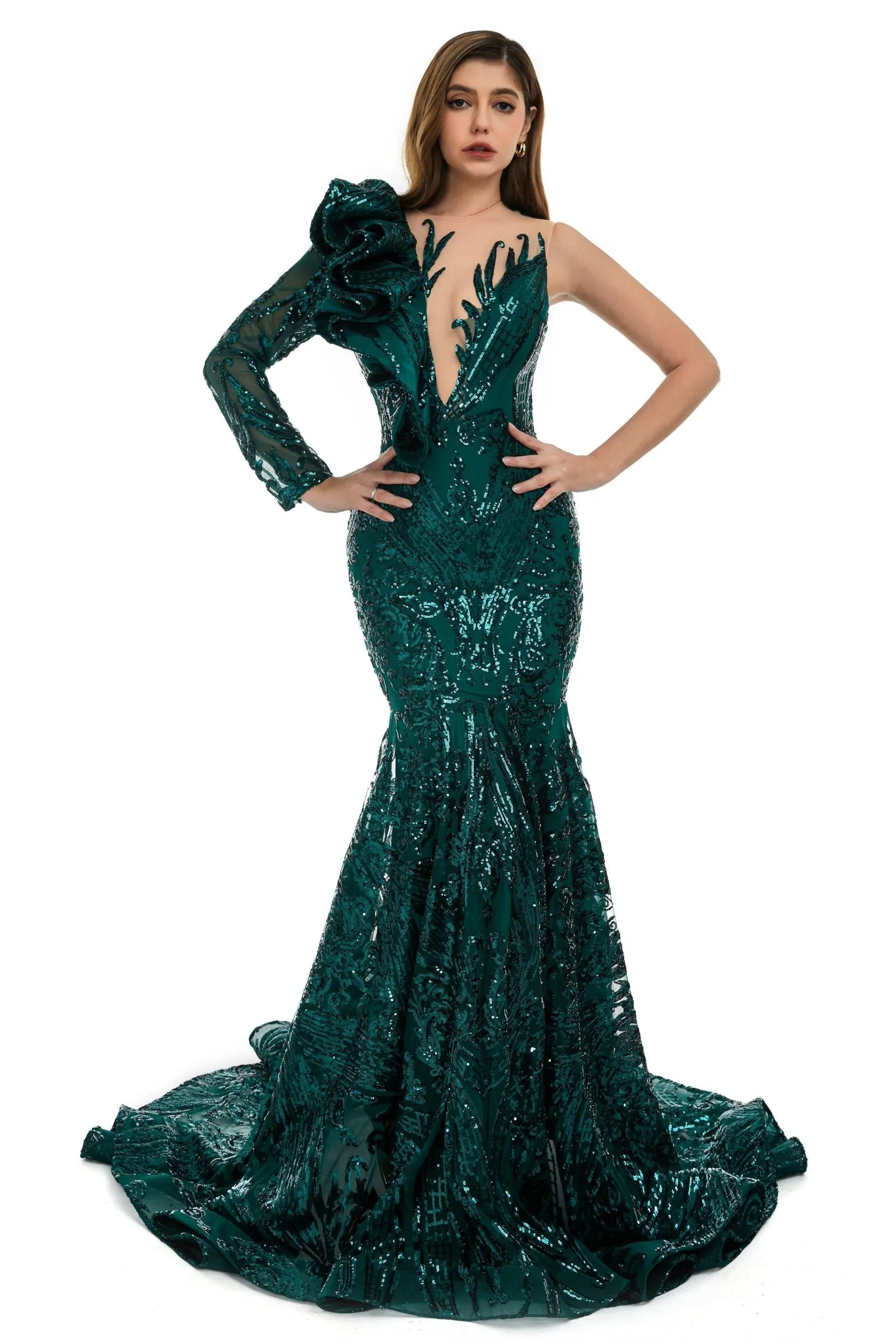 Red Mermaid One Sleeve Prom Dresses Sequined Lace Jewel Ruffles Evening Party Dresses with Appliques