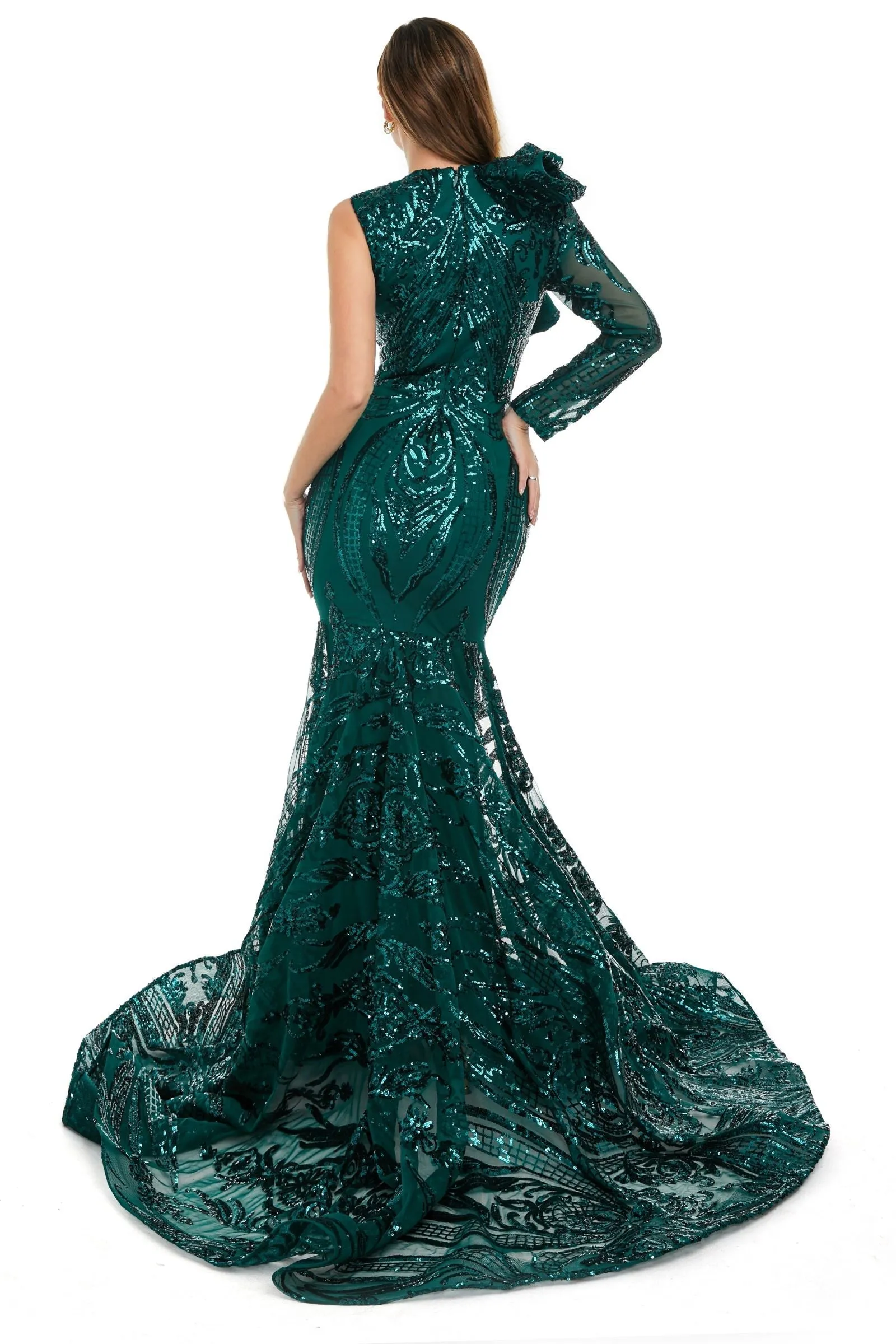 Red Mermaid One Sleeve Prom Dresses Sequined Lace Jewel Ruffles Evening Party Dresses with Appliques
