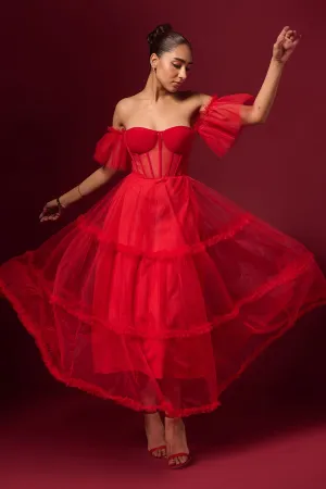 Red Off Shoulder Tulle Dress