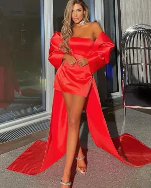 Red Satin Formal Evening Dresses Detachable Drapes Train Sexy Party Gown Saudi Arabric Prom Dress For Women