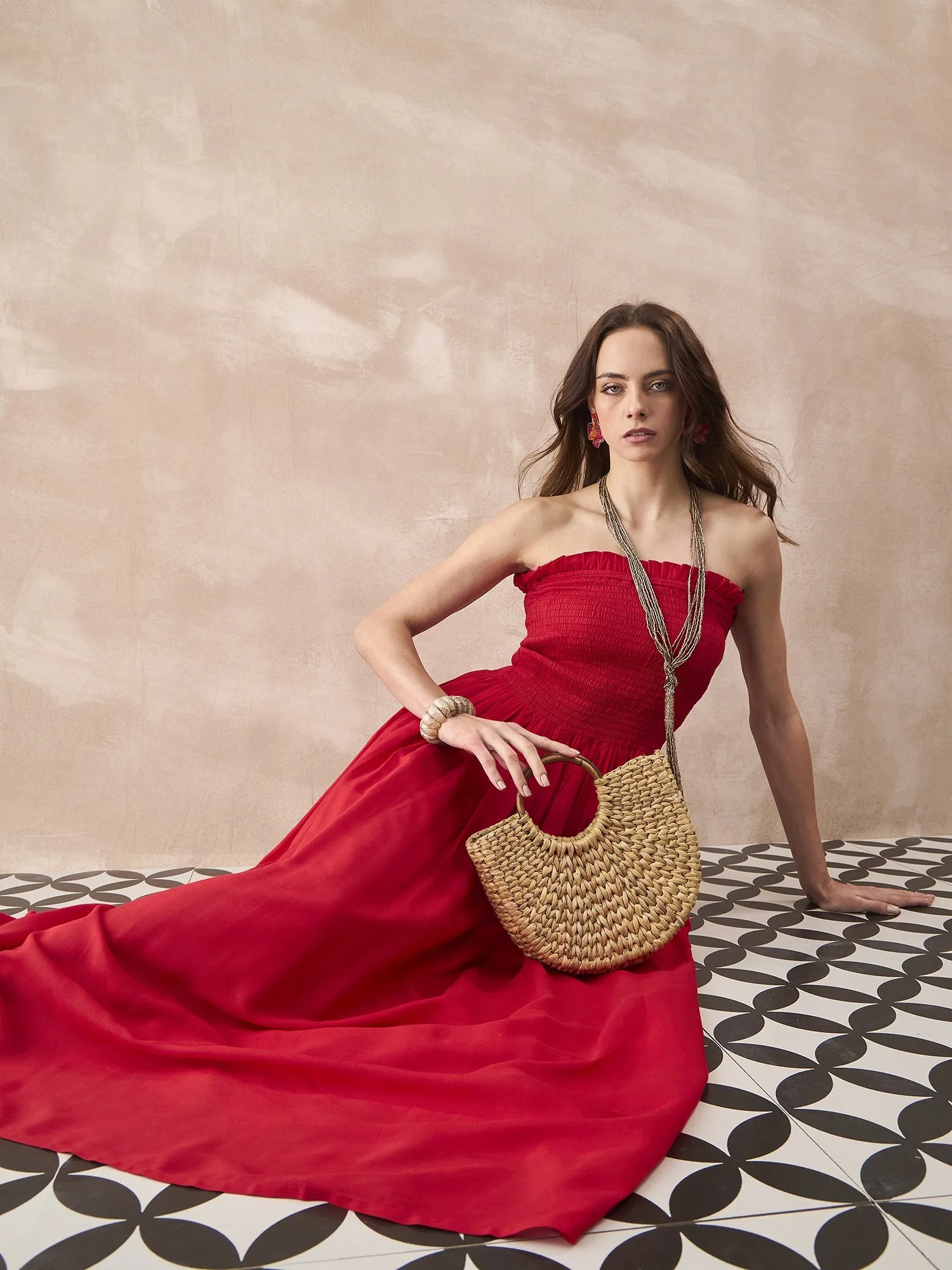 RED SOLID OFFSHOULDER DRESS