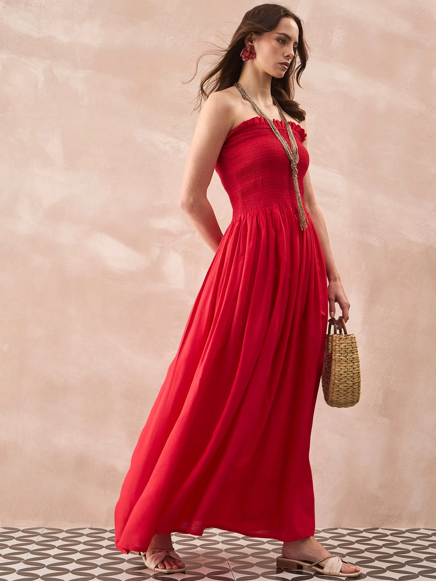 RED SOLID OFFSHOULDER DRESS