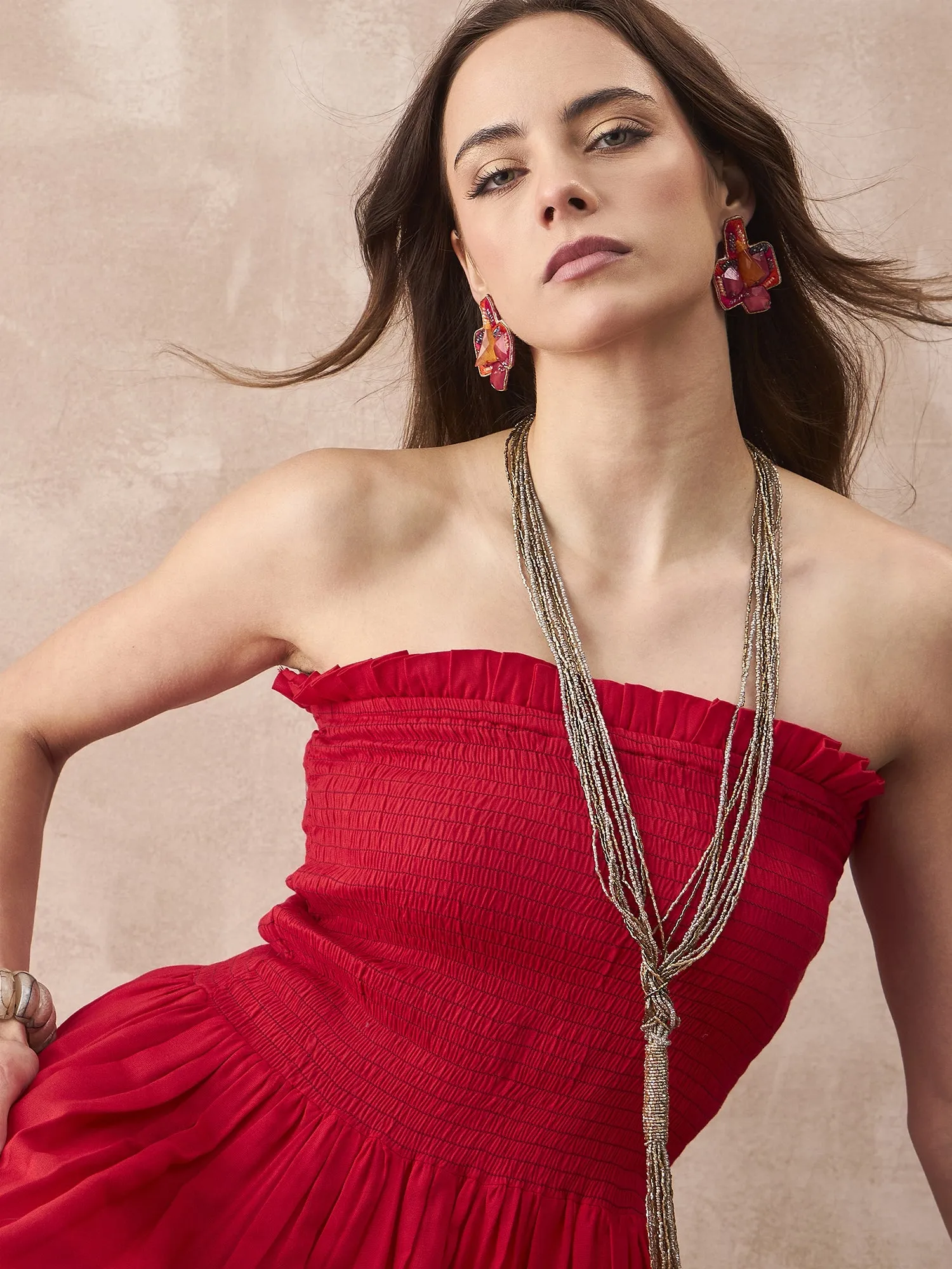 RED SOLID OFFSHOULDER DRESS