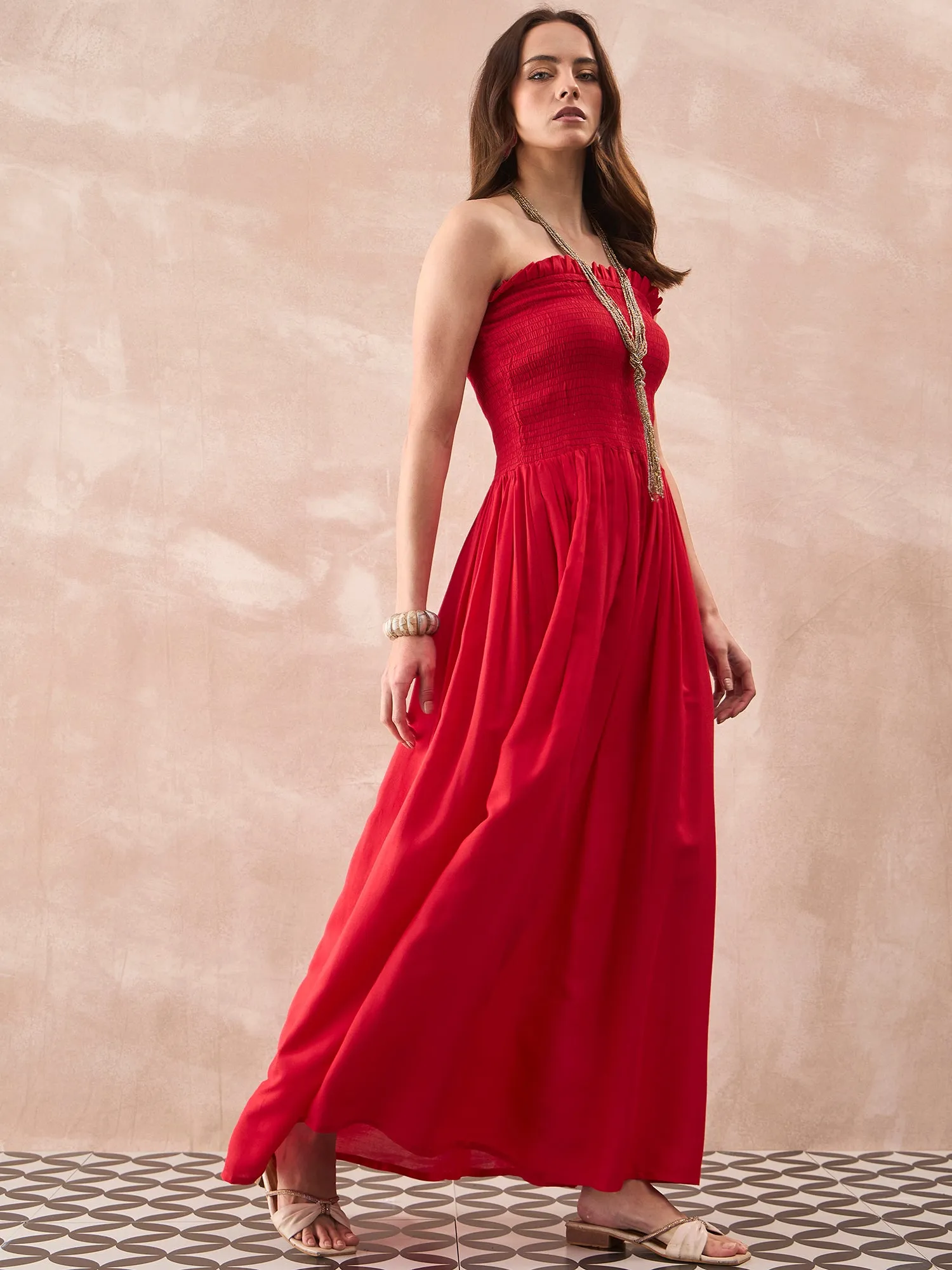 RED SOLID OFFSHOULDER DRESS