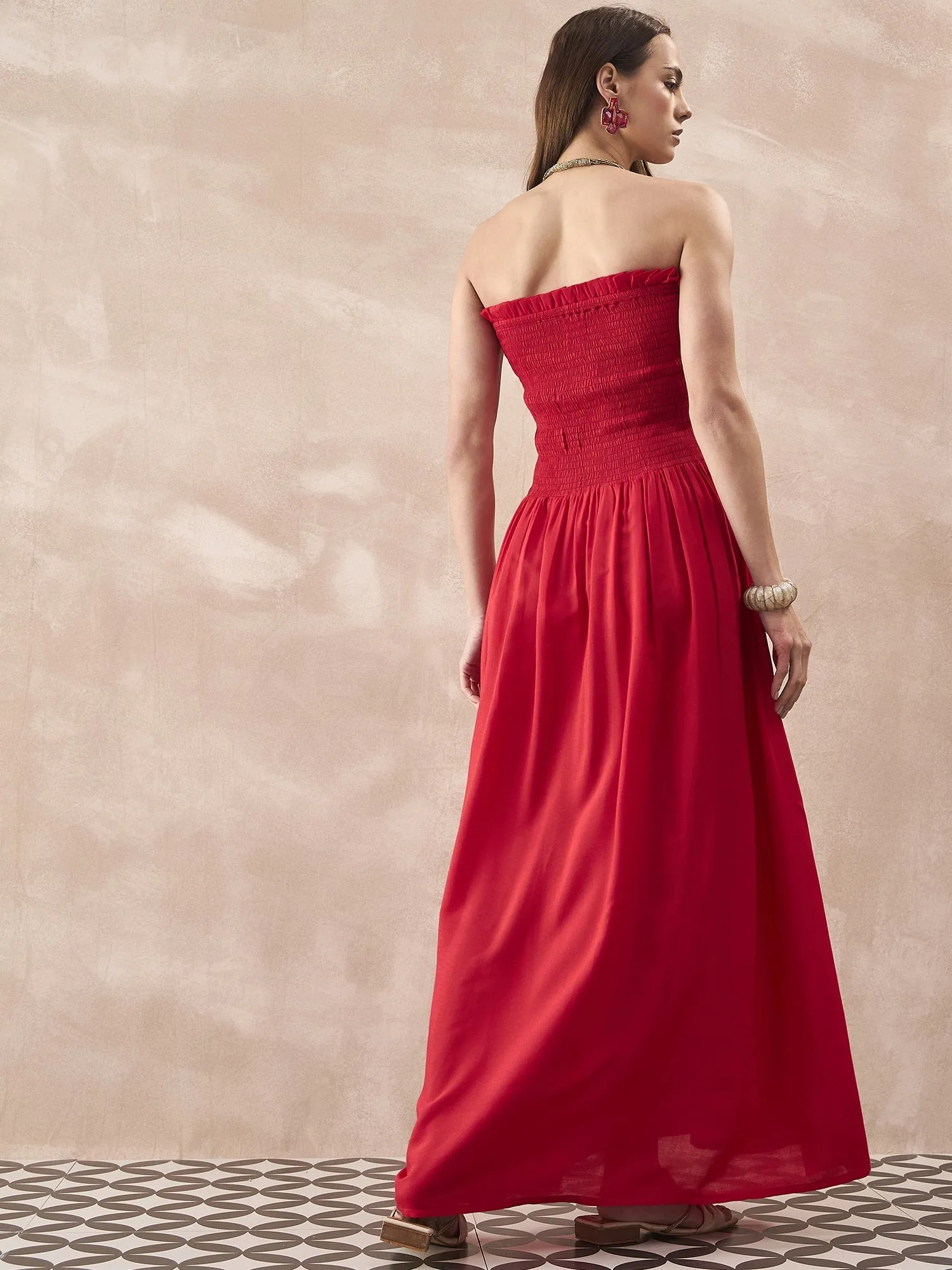 RED SOLID OFFSHOULDER DRESS