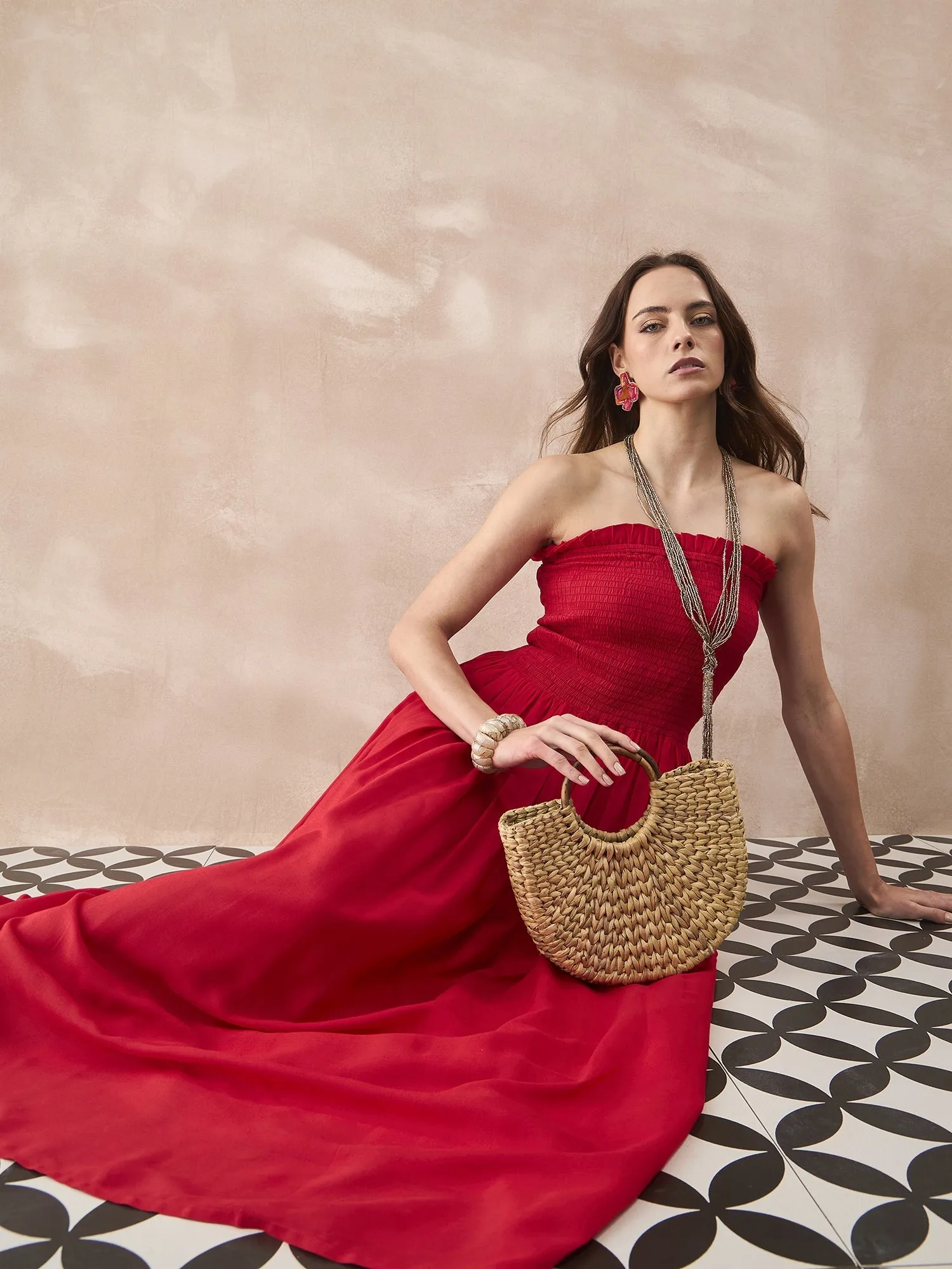 RED SOLID OFFSHOULDER DRESS