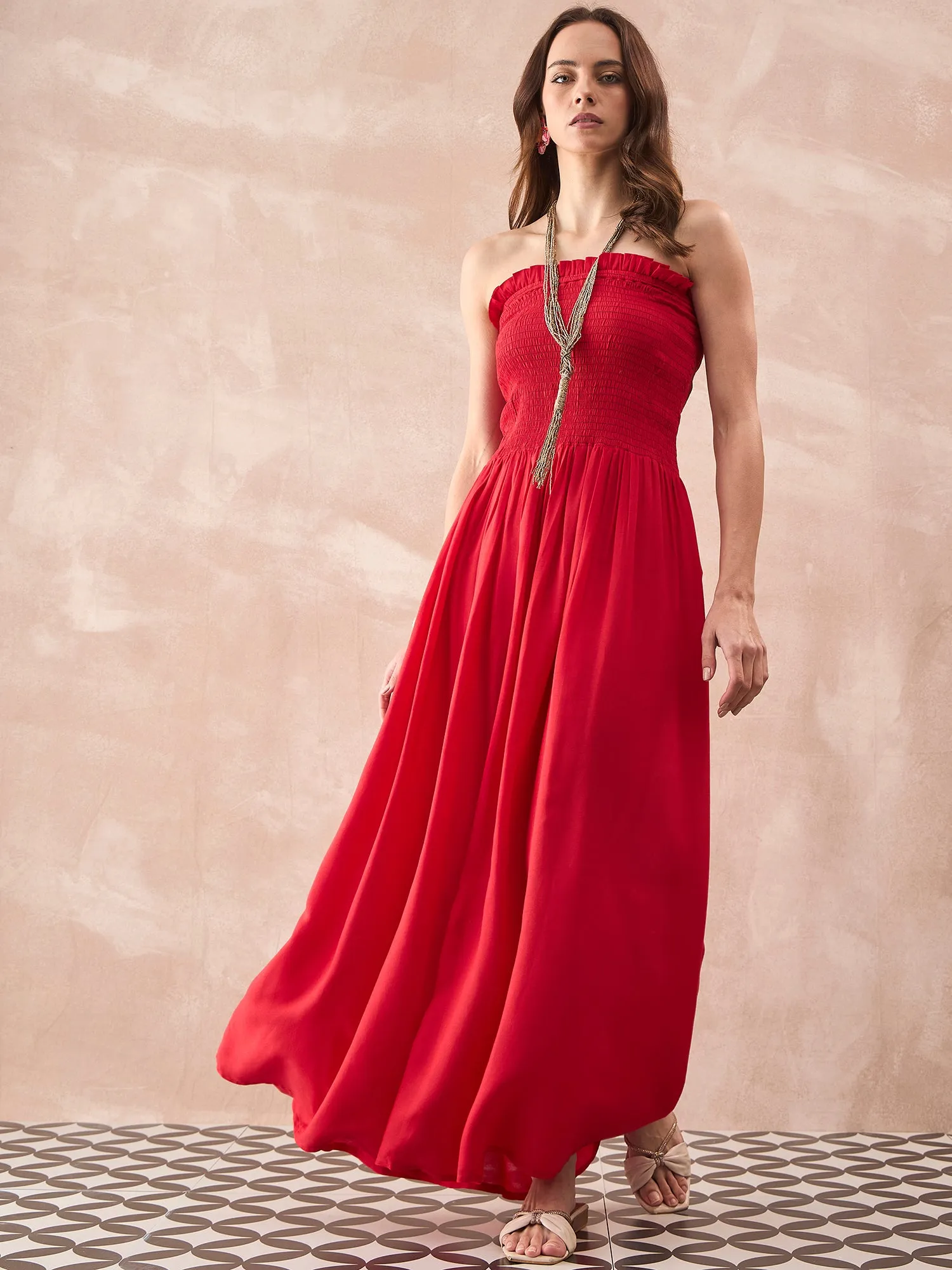 RED SOLID OFFSHOULDER DRESS