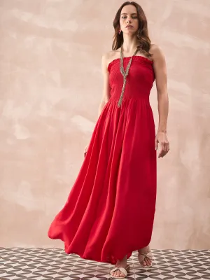 RED SOLID OFFSHOULDER DRESS