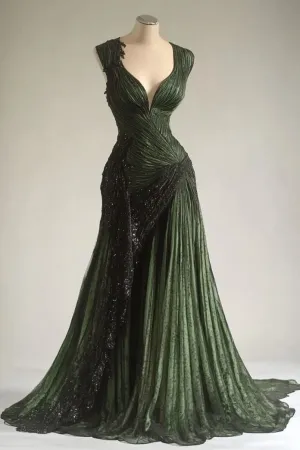 Retro Green V Neck Sheath Lace Chiffon Wrinkles Long Prom Dress Evening Gown, D706