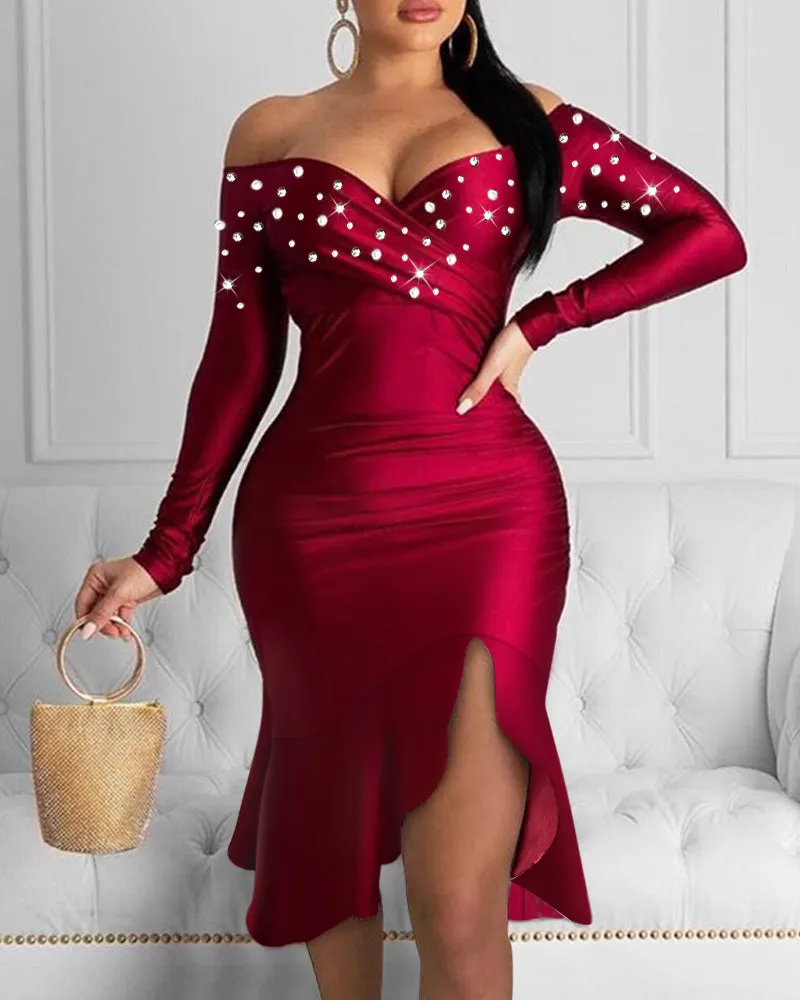 Rhinestone Off Shoulder Ruffles Slit Evening Dress