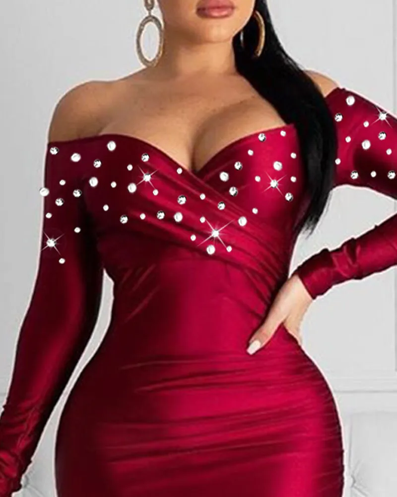 Rhinestone Off Shoulder Ruffles Slit Evening Dress