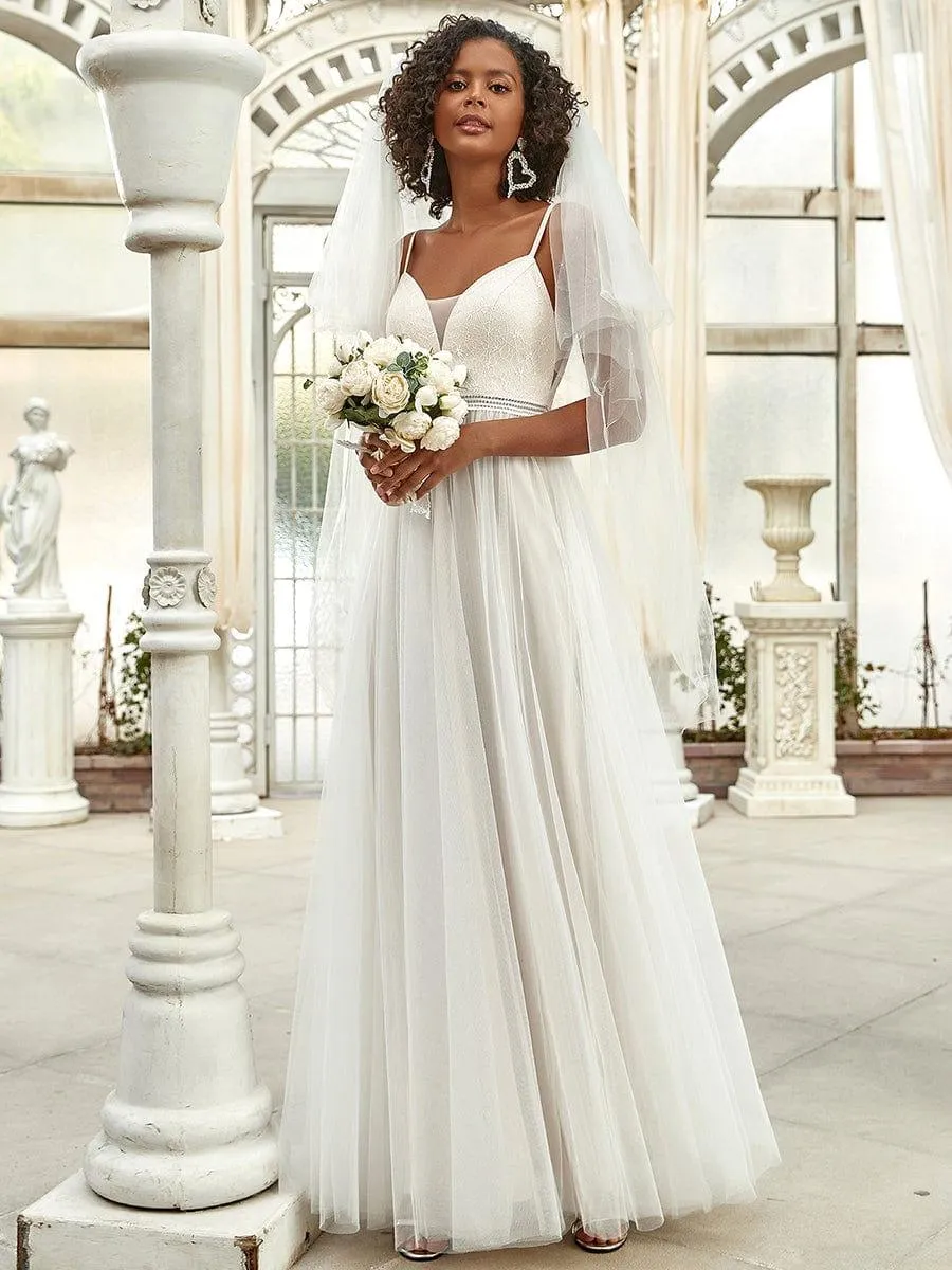 Robe de mariée A-ligne en V profond brodée à bretelles spaghetti(Vente finale)